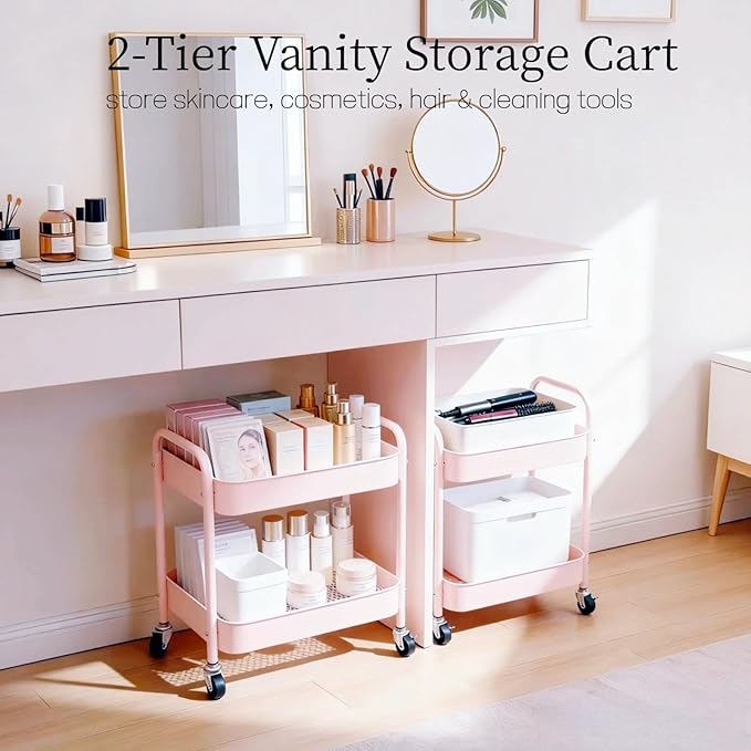 Pink 2 Tier Rolling Cart Metal with Wheels Under Desk Storage Cart for Small Space Organization, Small Trolley for Pantry Room Laundry Bathroom Kitchen Office Art Snack Baby Supplies