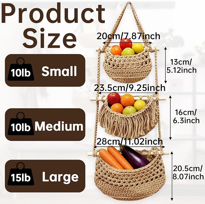 Cotton Rope Hanging Basket, 3 Tier Detachable Wall Organizer Handmade Woven - Image 2