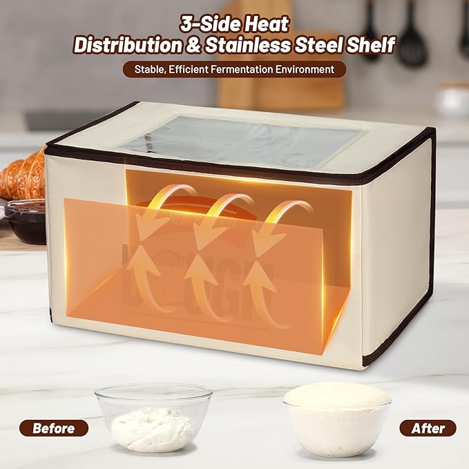 Upgraded Folding Bread Proofing Box with 3-Sided Heating, Built-in NTC Sensor & Precise 68-104°F Temp Control, 48H Timer, Metal Rack –Family-Size Dough Proofer for 2 Loaves, Sourdough & Pizza