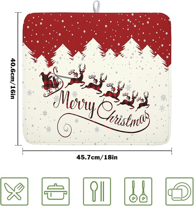 Christmas Moose Dish Drying Mat 16x18 Inch Cute Christmas Elk Drying Mat - Image 2