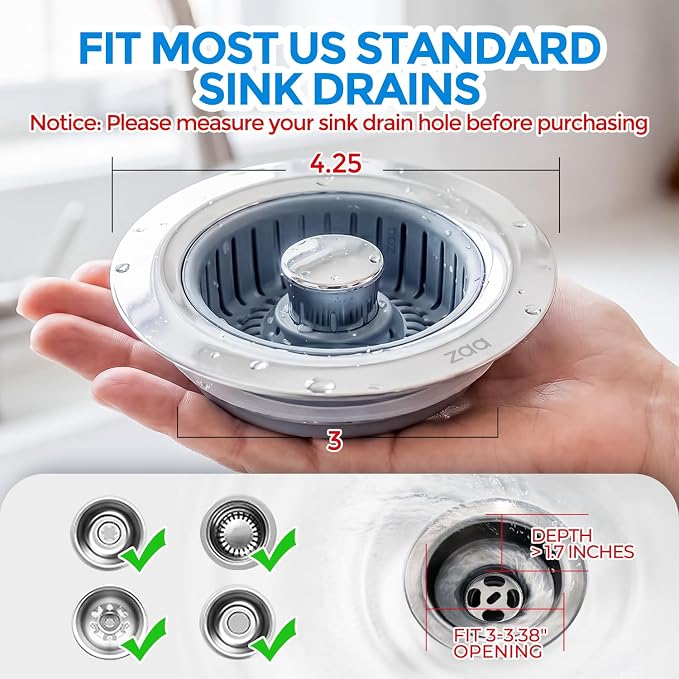 zaa 3 in 1 Kitchen Sink Drain Strainer Stopper Removable Basket Pop-Up - Image 7