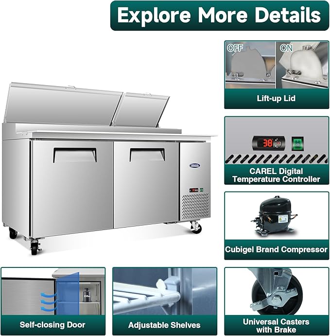 67" Commerical Pizza-Sandwich Prep Table Refrigerator - Double Door Stainless Steel Refrigerator, 21 Cu.ft Capacity, Low Noise, Adjustable Shelves, Auto Defrost, Digital Temp Control