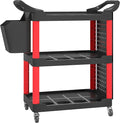 HOMCOM 3 Tier Utility Cart on Wheels, Rolling Tool Storage with Pegboards and Bucket, 200 LBS Load Capacity Plastic Service Cart for Garage, Warehouse, Workshop, Black and Red