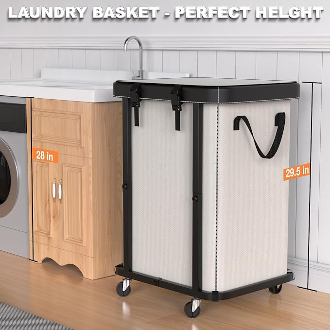 Laundry Basket with Wheels, 150L Leather Patchwork Rolling Hamper Carts - Image 4