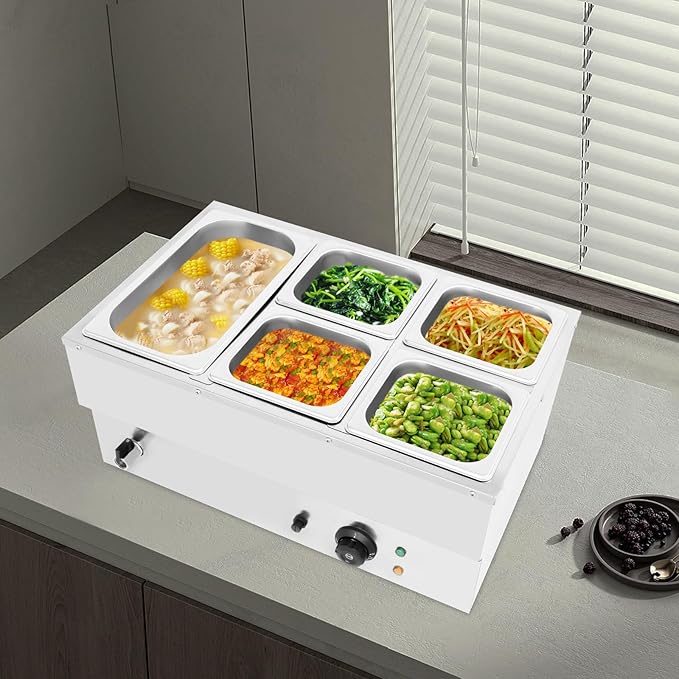 5 Pan Commercial Food Warmer,110V Electric Stainless Steel Steam Food Warmer with Lid,Electric Bain Marie Countertop with Temperature Control for Catering,Restaurant,Party (Small 5-Pan)