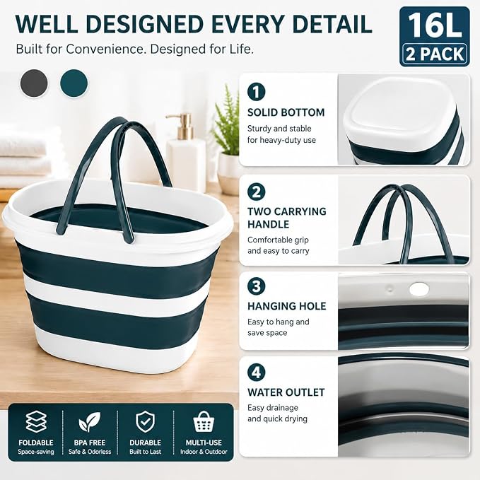 Coloch 2 Pack 16L/4.2 Gallon Collapsible Plastic Bucket, Foldable Mop Bucket - Image 3