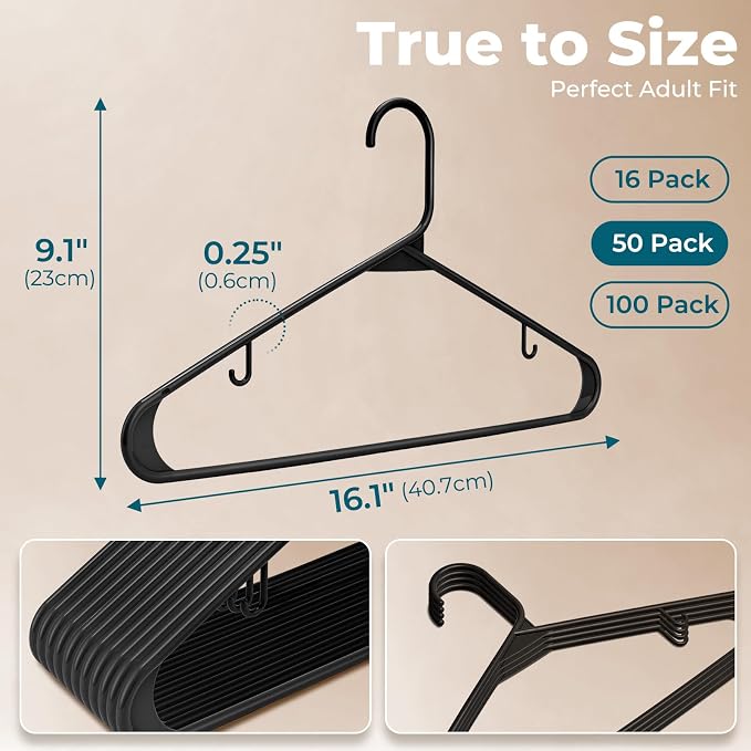 HOUSE DAY Black Plastic Hangers 50 Pack, Slim Space-Saving Clothes Hangers | - Image 3