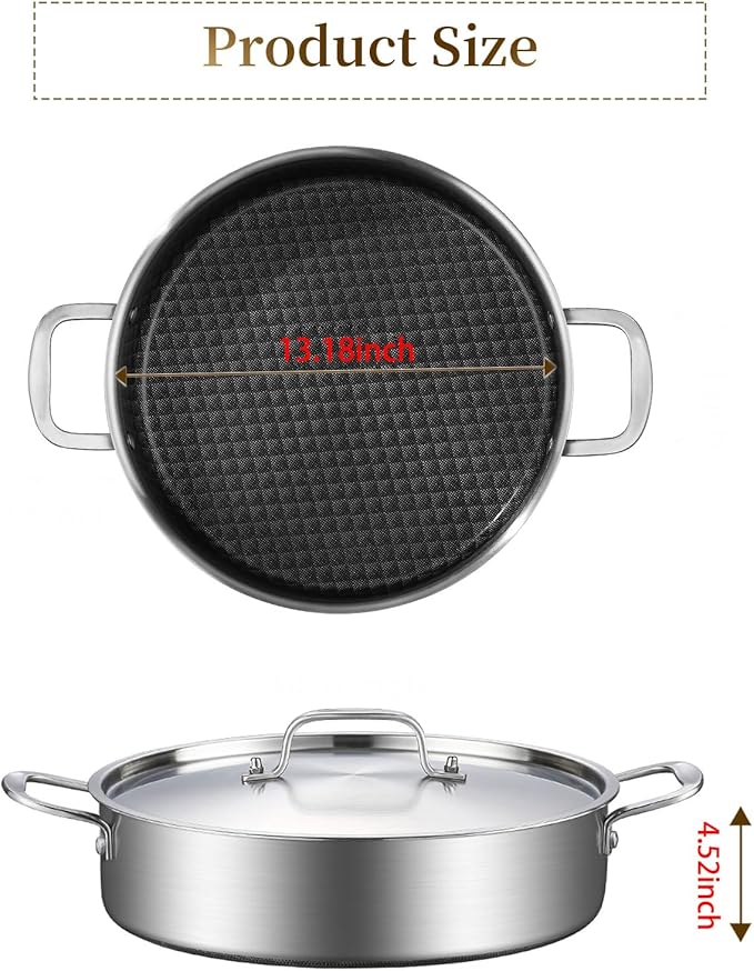 DELARLO 8Quart Tri-Ply Stainless Steel Non Stick Braiser Pan with Lid,13inch Deep Frying Pan,Large Saute Pan,Jumbo Cooker,Induction Compatible,Heavy Duty and Oven Safe