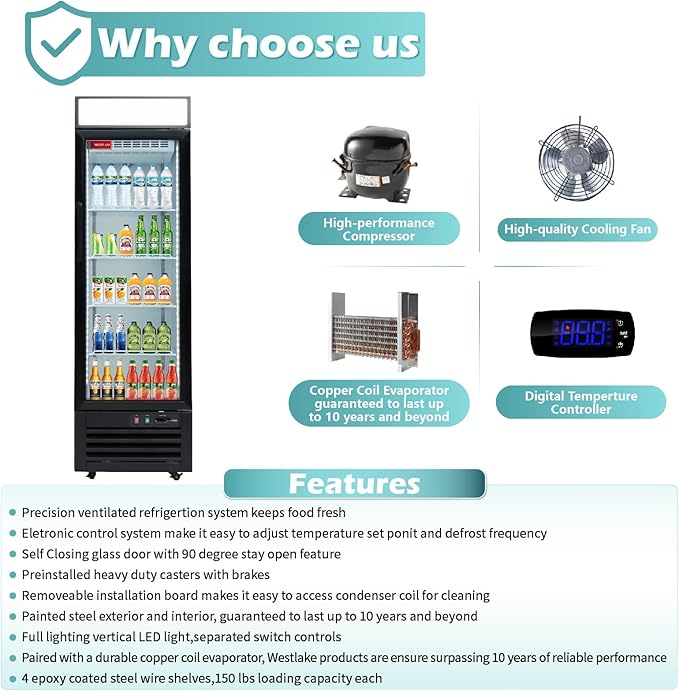 WESTLAKE 24" W Merchandiser Commercial Display Refrigerator Single Glass Door Reach-in Glass Door Upright Fan Cooling 18 Cu.ft Cooler for Restaurant, Bar, Shop, etc