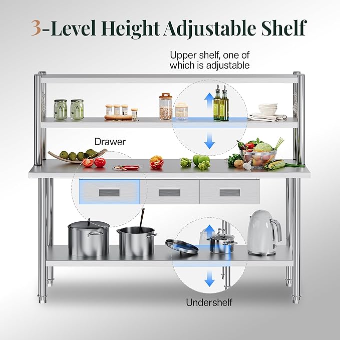 72"x24" Stainless Steel Work Table with Overshelves, 2/3 Drawers, Adjustable Shelf & Hooks, NSF-Certified Heavy-Duty Prep Station for Commercial Kitchen, Restaurant, or Garage