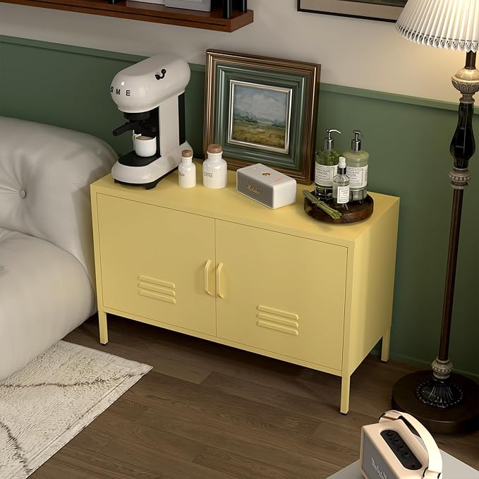 Storage Cabinet,Metal Cabinet with Doors,Morden TV Stands for Bedroom,Accent Cabinets for Bedroom,Entryway,Yellow