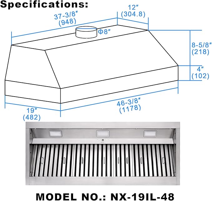 Akicon Range Hood Insert 48 Inch, 1200 CFM Built-in Kitchen Hood with 4 Speeds, Ultra-Quiet Stainless Steel Ducted Vent Hood Insert with Dimmable LED Lights and Dishwasher Safe Filters