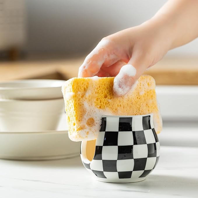 Zoeeker Sponge Holder for Kitchen Sink, Ceramic Checkered Sponge Organizer - Image 6