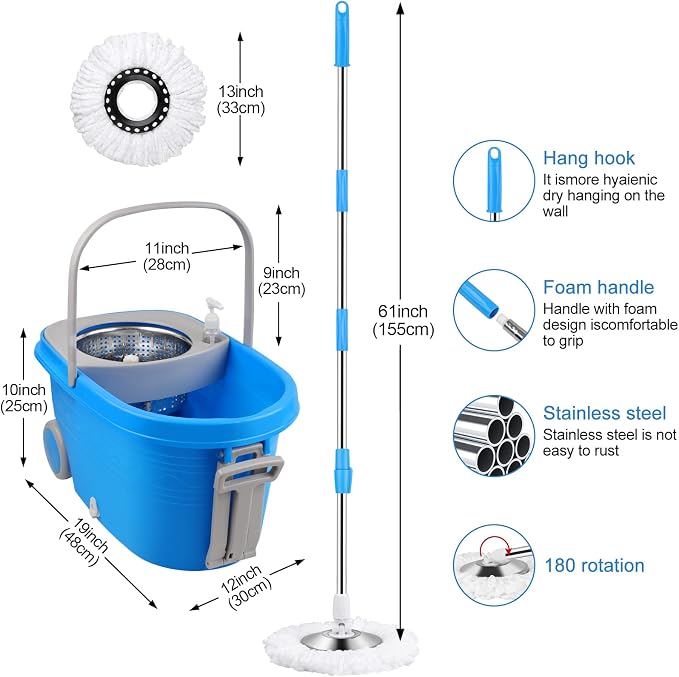 Spin Mop and Bucket with Wringer Set on Wheels, 3 Mop Heads - Image 2