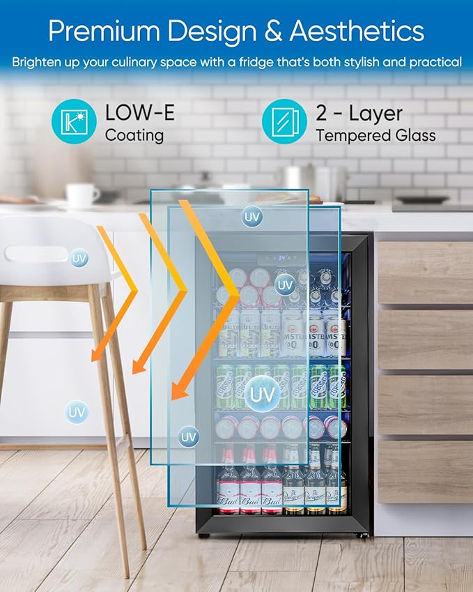 3.2 Cu.Ft Mini Fridge with Glass Door - 126 Can Beverage Refrigerator Cooler for Drink Beer Wine Soda, Small Fridge for Bedroom Office Bar Dorm, 4 Adjustable Shelves, Black