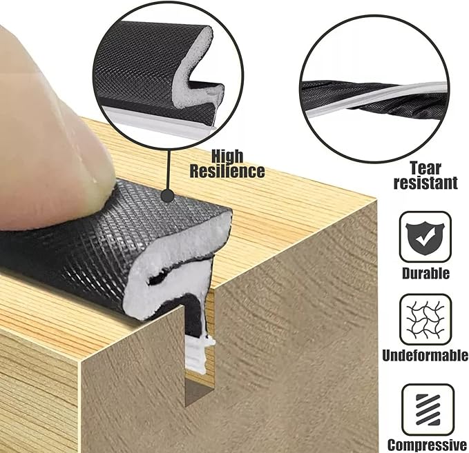 26 FT Door Frame Kerf Non-Adhesive Weather Stripping Seal Strip PU Foam, PE Cover, Groove Slot Installation for Large Gap, Sound Heat Insulation, Dust Water Prevention (26ft, Black, Flanged)