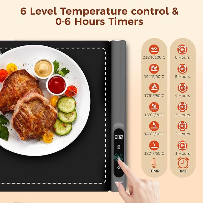 Upgrade Graphene Warming Mat for Food, Food Warming Mat for Countertop with 6 Temperature Settings and Timing Function, Portable Electric Warming Tray for Parties Buffet, Black