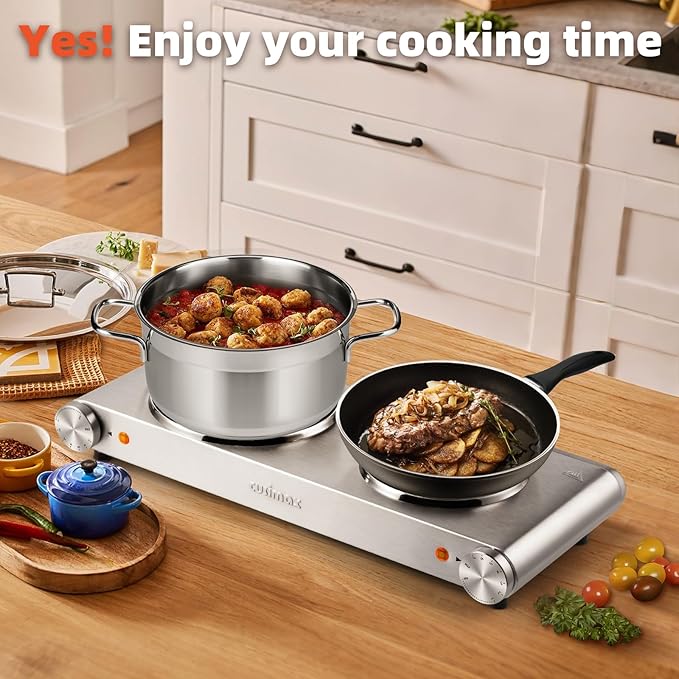CUSIMAX Double Burner, Electric Hot Plates for Cooking, 1800W Double Hot Plate, Portable Electric Stove, Countertop Burners with Cast Iron Heating Plates, Works with All Cookwares, Upgraded Version