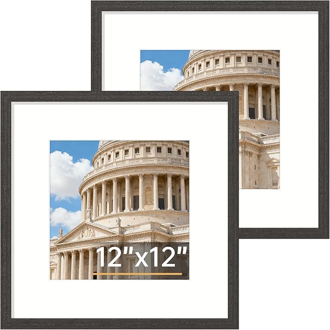 Vittanly 12x12 Picture Frame Set of 2, Solid Wood Frame for Wall Art Photo and Prints, Display Photo 8x8 with Mat or 12x12 without Mat, Black