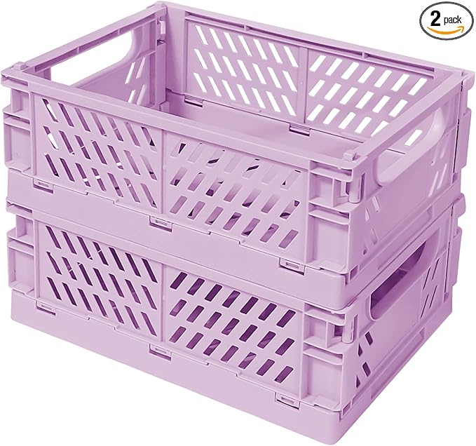 Pastel Plastic Storage Baskets 2 Pack, Collapsible Crates for Organizing, Space-Saving Bins for Kitchen, Office, Bedroom (Purple, Medium:9.8" x 6.5" x 3.8")