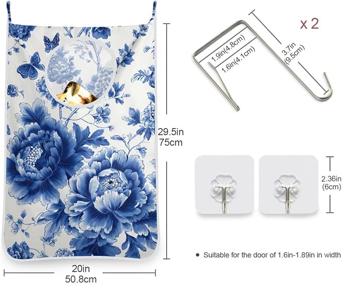 Blue and White Peony Flowers Butterfly Hanging Laundry Hamper Door Hampers Bag - Image 3