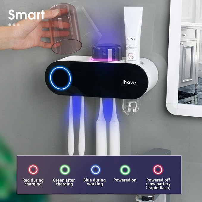 iHave UV Toothbrush Sanitizer Holder Wall Mount Toothpaste Dispenser, 2-Cup | - Image 8