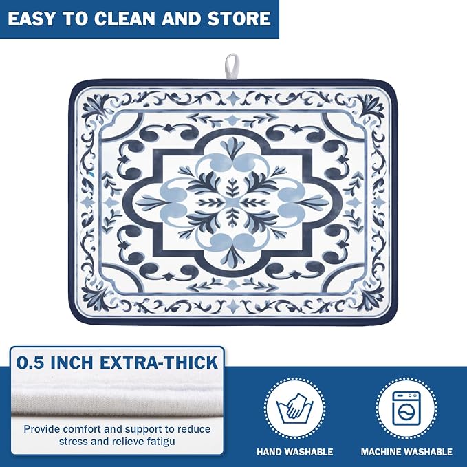 Giwawa Navy Flower Dish Drying Mat Modern Boho Microfiber Dishes Drainer Pad - Image 5