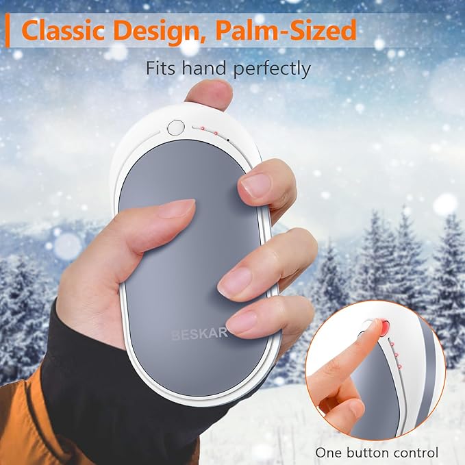 BESKAR Rechargeable Hand Warmer, 5200mAh Electric Hand Heater, Double-Sided Heating, USB Quick Charge, Portable Pocket Hand Warmer for Outdoor, Golf, Raynauds - Winter Gift