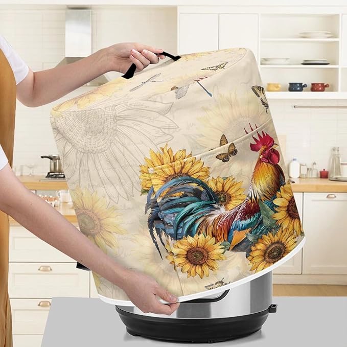 Sunflower Rooster Butterfly Dust Cover with Pocket for 3 Quart Instant Pot, Rice Cooker and Air Fryer, Round Protective Cover Dust-Proof Stain Resistant Electric Appliance Cover Easy to Clean