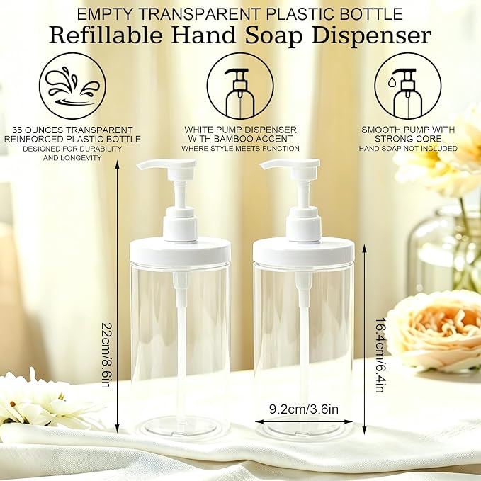 Soap Dispenser Compatible with Dawn, 2 Pack 35oz Clear Pump Bottles | BPA-Free - Image 2