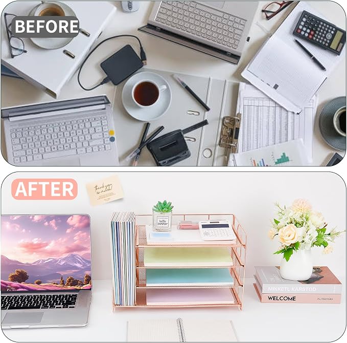 OPNICE Desk Organizer, 4-Tier Paper Organizer Letter Tray, Rose Gold | Desk - Image 3