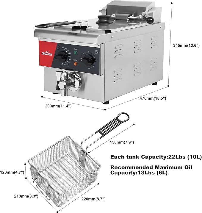 CROSSON 6L Electric Countertop Deep Fryer Extra Large with Drain,Timer,Basket and Lid for Restaurant Use 120V,1800W Commercial Deep Fryers