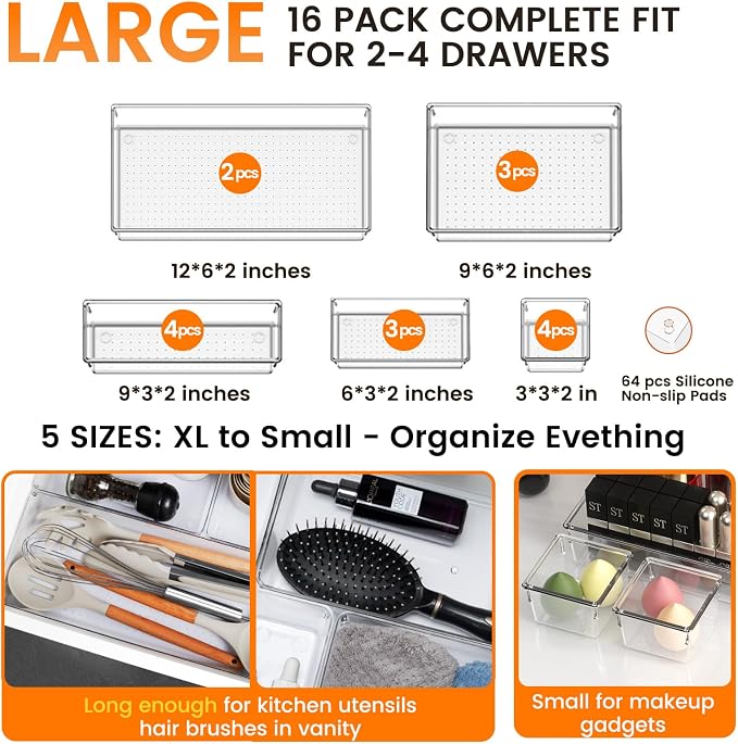 16 Pack Large Clear Plastic Drawer Organizer Bins - Image 2