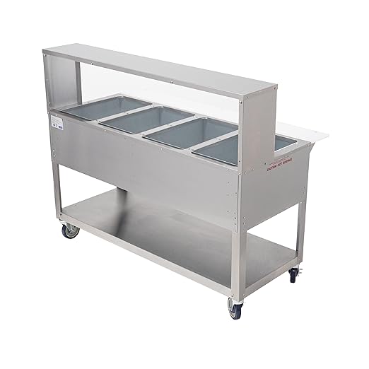 Kratos Commercial Mobile Electric Steam Table/Hot Food Table with Overshelf and Sneeze Guard, 4 Wells, Stainless Steel, NSF, 120V (28W-203)
