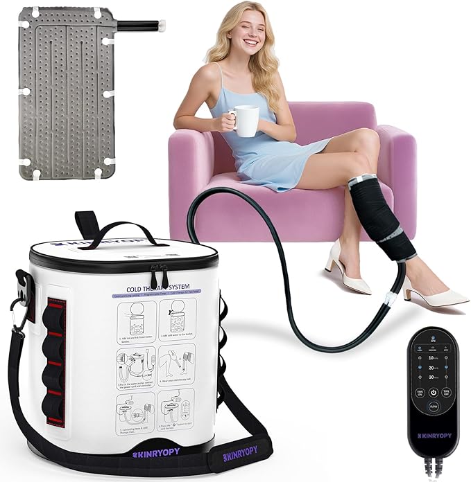 Cold Therapy Machine with Programmable Timer, Portable Ice Machine for Knee After Surgery, Full Circumference Knee Pad Recovery System, Extended Coverage Back/Hip/Limb Compression Pad