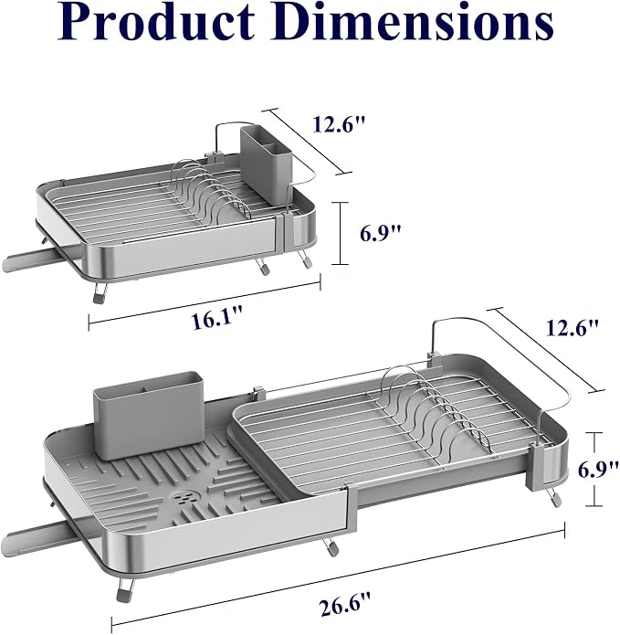Kitsure Expandable Metal Dish Drying Rack, 16.1-26.6" L x 12.6" W, Auto-Drain - Image 3