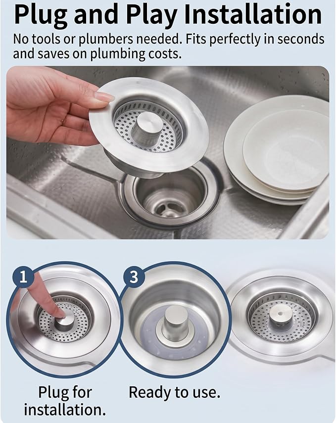 304 Stainless Steel Kitchen Sink Drain Strainer, 3-1/2" Fit - Image 9