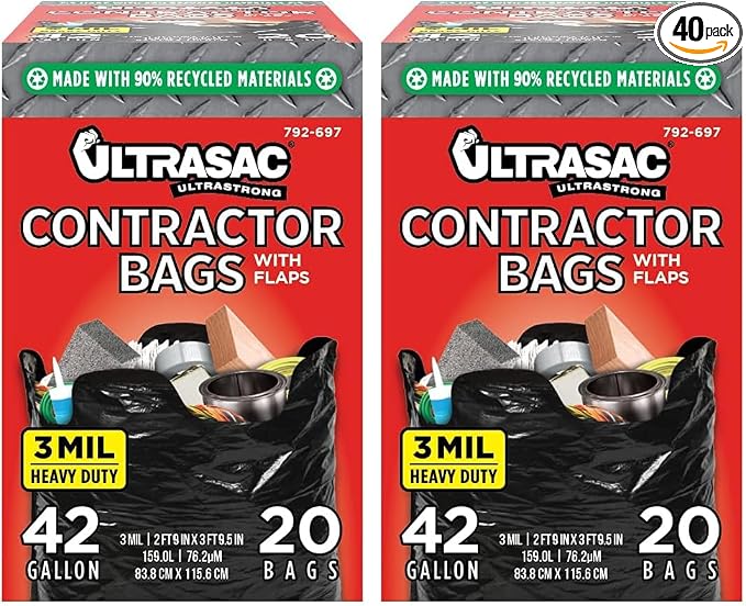 Ultrasac Contractor Bags 42 Gallon, 32.75 x 44.5-3 MIL Thick Large Black Heavy by Ultrasac