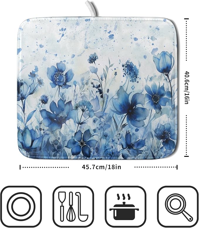 Giwawa Blue Floral Dish Drying Mat - Image 2