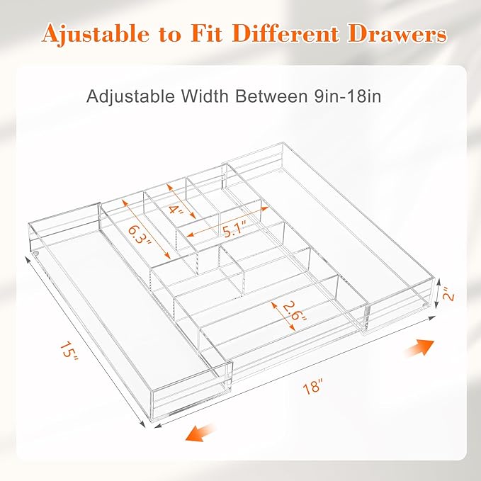 Briwooody Clear Acrylic Drawer Organizer Expandable, 9 Compartments, Large | - Image 2