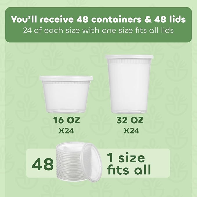 48 Sets Plastic Deli Containers - 16oz Pint & 32oz Quart | Leak Proof - Image 2