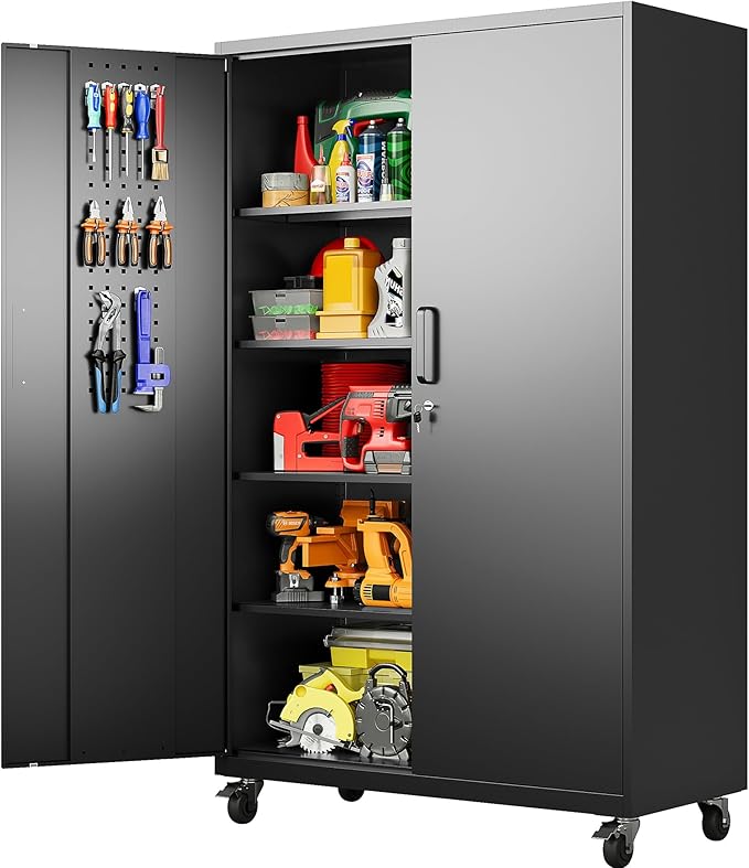 SISESOL Wide & Deep Metal Storage Cabinet with Wheels,Tall Rolling Garage Storage Cabinet with Lock,Black Metal Cabinets with Shelves and Pegboards,Tool Locker for Garage,Home,Office,43''Wx 20''Dx71"H