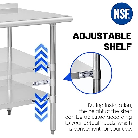 Hally Stainless Steel Table for Prep & Work 18 x 60 Inches, NSF Commercial Heavy Duty Table with Undershelf and Backsplash for Restaurant, Home and Hotel