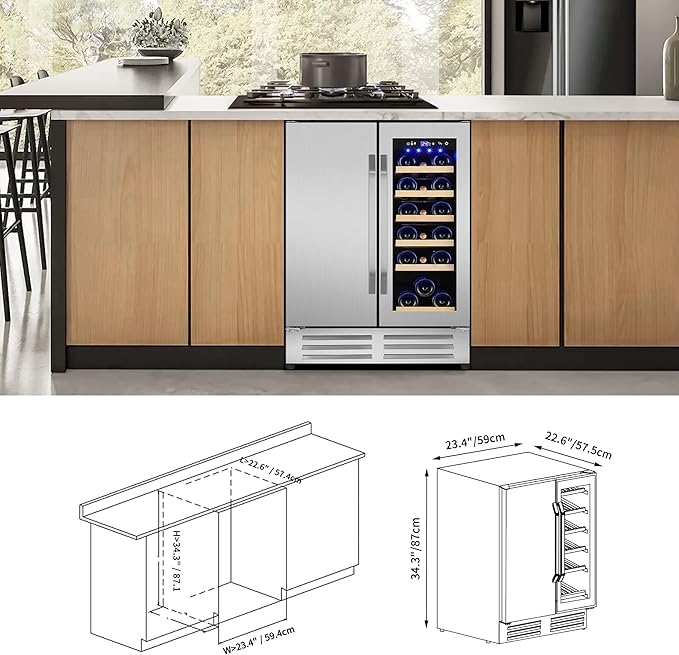 Wine and Beverage Refrigerator,24 Inch Dual Zone Wine Beverage Cooler, Built-in/Freestanding Beer and Wine Fridge with a Powerful Compressor, 20 Bottles and 88 Cans Capacity