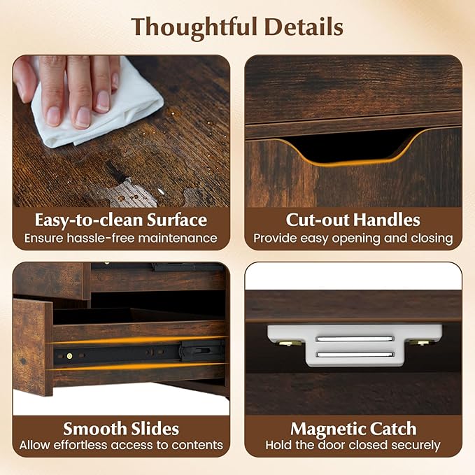 File Cabinet, Rustic Filing Cabinet w/Universal Wheels, Wood Printer Stand w/Storage, Rolling File Cabinets for Home Office, Living Dining Room (Rustic Brown, 2 Large Drawers & 3 Small Drawers)