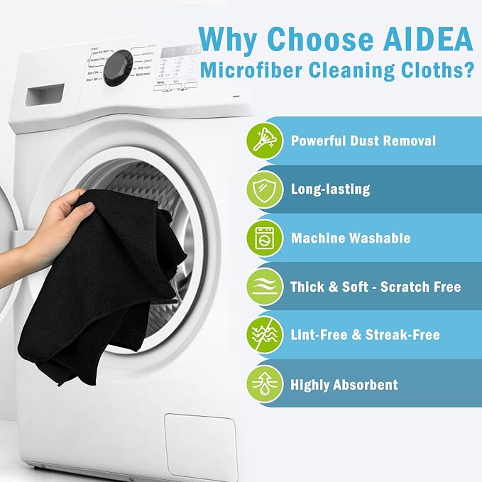 AIDEA Black Microfiber Cleaning Cloth-100PK, Reusable Cleaning Rags 12"x16" | - Image 3