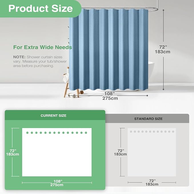 Dynamene Extra Wide Waffle Shower Curtain 256 GSM 108"x72" Moonlight Blue - Image 3