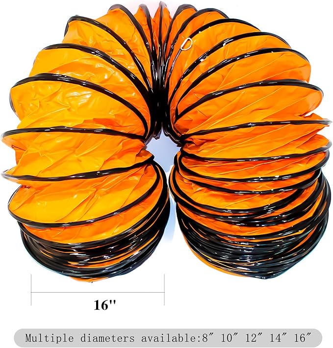16"×16.4FT PVC Flexible Duct Hose, Flame Retardant HVAC Ducting with Adjustable Rope, D Hook & Steel Support for Ventilation, Exhaust, Drying, and Cooling Applications