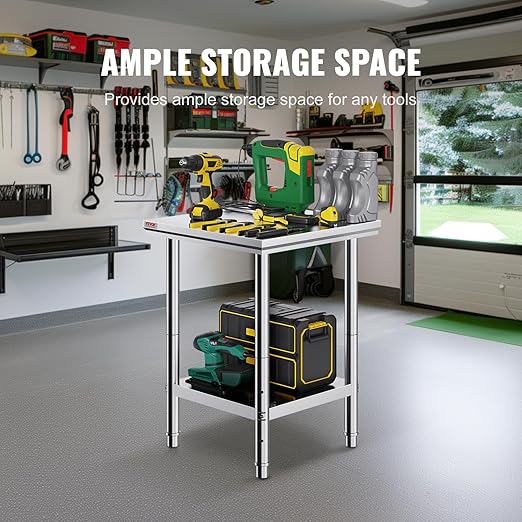 VEVOR Stainless Steel 24 x 24 x 32 Inch Commercial Kitchen Prep & Work Table Heavy Duty Metal Work Table with Adjustable Feet for Restaurant, Home and Hotel