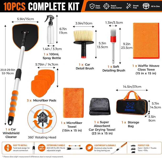 XINDELL Interior Windshield Cleaner Tool, Extendable Car Window Cleaning Kit - Image 6